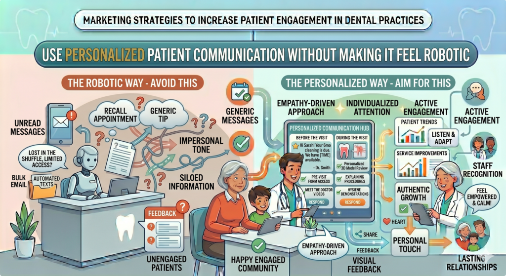 A patient who just had a deep cleaning should not get the same message as a patient who asked about whitening. A parent should not always get the same content as a senior patient. A patient who has missed two recall visits may need a different tone than someone who books every six months.