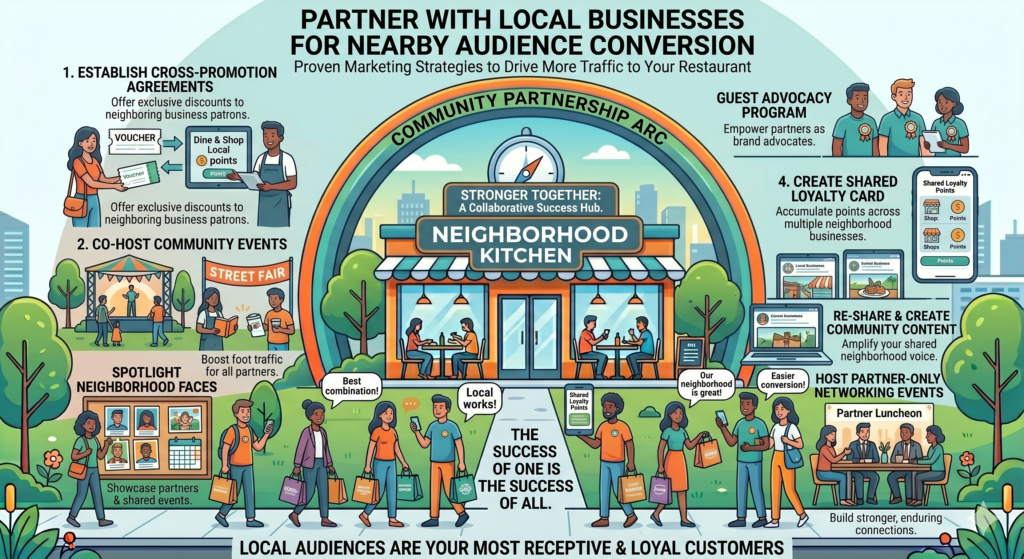 You are surrounded by people who need food. Office workers need lunch. Gyms need healthy meals. Hotels need dinner options for guests. Salons need refreshments for events. Schools need family-friendly spots. Real estate agents need client gift ideas. Wedding planners need rehearsal dinner venues. Local shops need cross-promotions. Coworking spaces need catering partners.