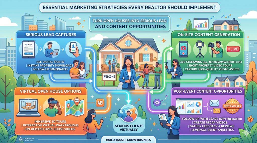 Before the open house, you should promote it through your website, email list, social media, local groups where allowed, and nearby outreach. During the open house, you should create a strong visitor experience. After the open house, you should follow up with attendees and turn insights from the event into content.