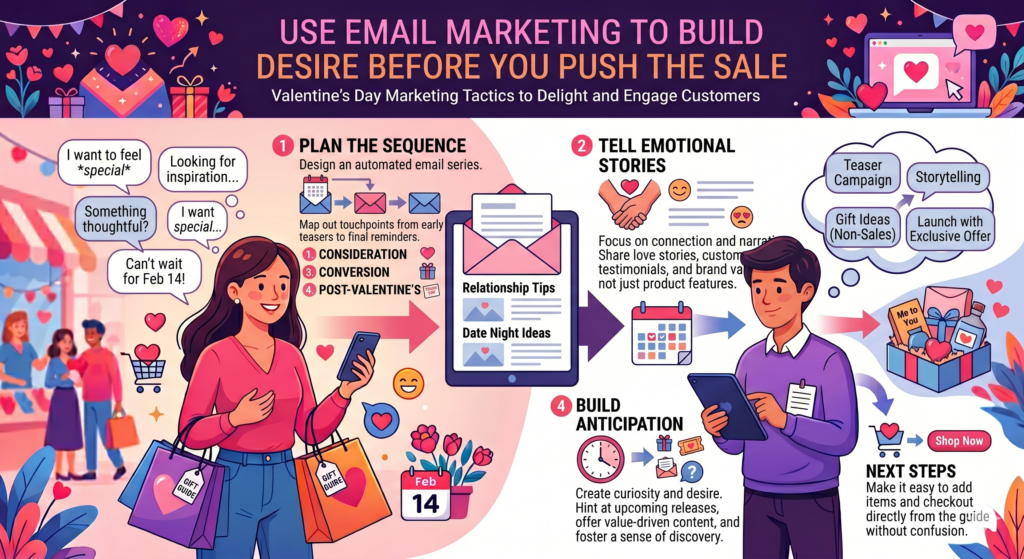 Email is one of the strongest channels for Valentine’s Day because it lets you build the story over time. You do not need to send one big sales blast and hope it works. You can guide the customer from idea to interest to action.