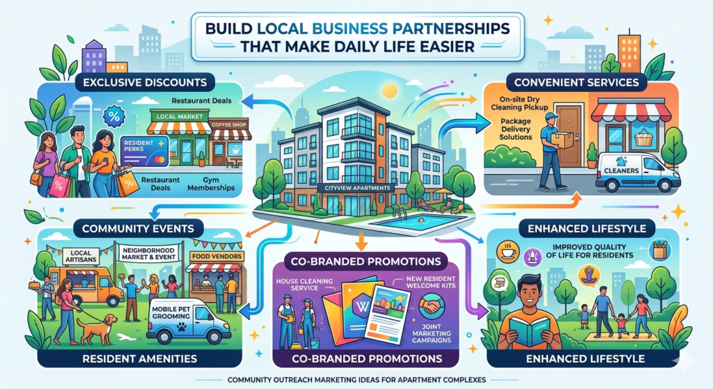 Local partnerships are one of the strongest outreach ideas for apartment complexes because they connect your property to the real life around it. Renters do not choose a home only because of the unit. They also choose the coffee shop nearby, the gym down the street, the grocery store around the corner, and the places that make daily life smoother.