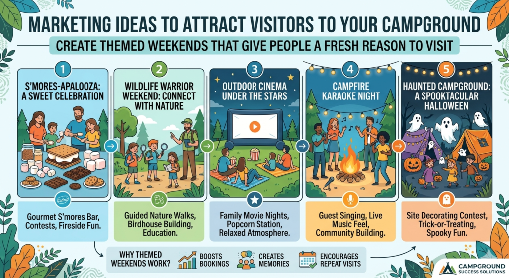 Themed weekends can turn a normal stay into a special trip. They give guests a reason to choose your campground now instead of waiting. They also make your marketing easier because each theme gives you a clear story to share on your website, emails, and social media.