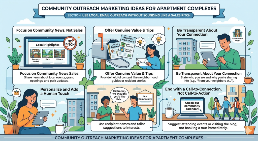 Email outreach can work well for apartment complexes, but only when it feels personal and useful. Many leasing teams send emails that sound like every other property. They talk about specials, floor plans, and limited-time offers. Those emails may help in some cases, but they do not build community trust on their own.