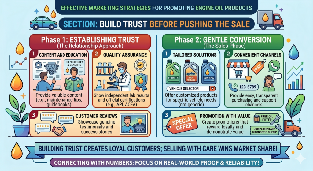 Engine oil is a trust product. The customer cannot see it working after it is poured into the engine. They cannot easily judge quality by looking at the bottle. They cannot test the product in the shop. They have to believe the brand, the mechanic, the dealer, the review, the recommendation, or the proof shown to them.