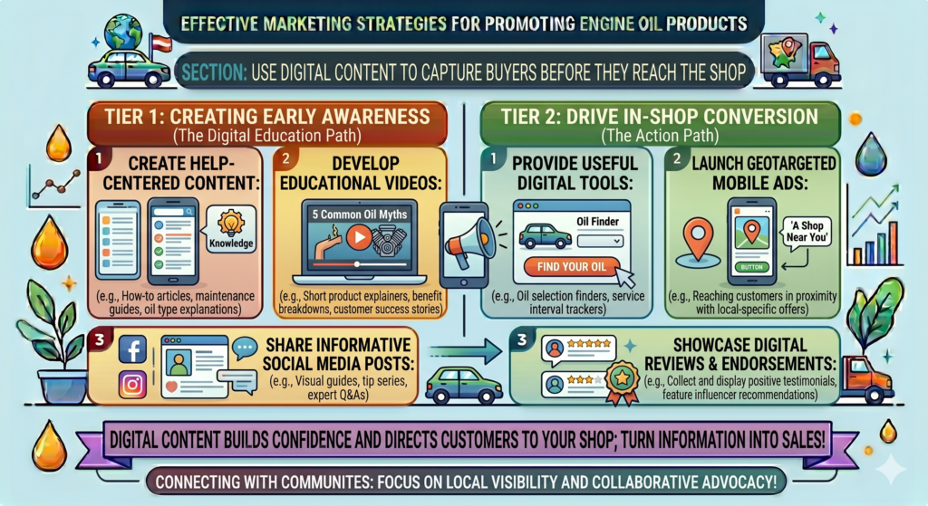 Many engine oil purchases are influenced before the customer visits a shop. Buyers search online, watch videos, read reviews, compare prices, check product fit, and ask questions in forums or social groups. Even if they later buy offline, digital content can shape their decision.