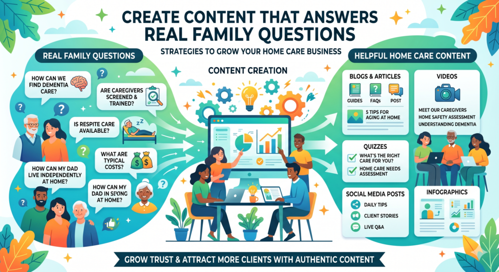 Content marketing can be powerful for home care, but only when it is grounded in real questions. Many agencies publish generic articles that nobody reads. Topics like “Benefits of Home Care” or “Why Choose Us” can help, but only if they are written with depth and real insight.