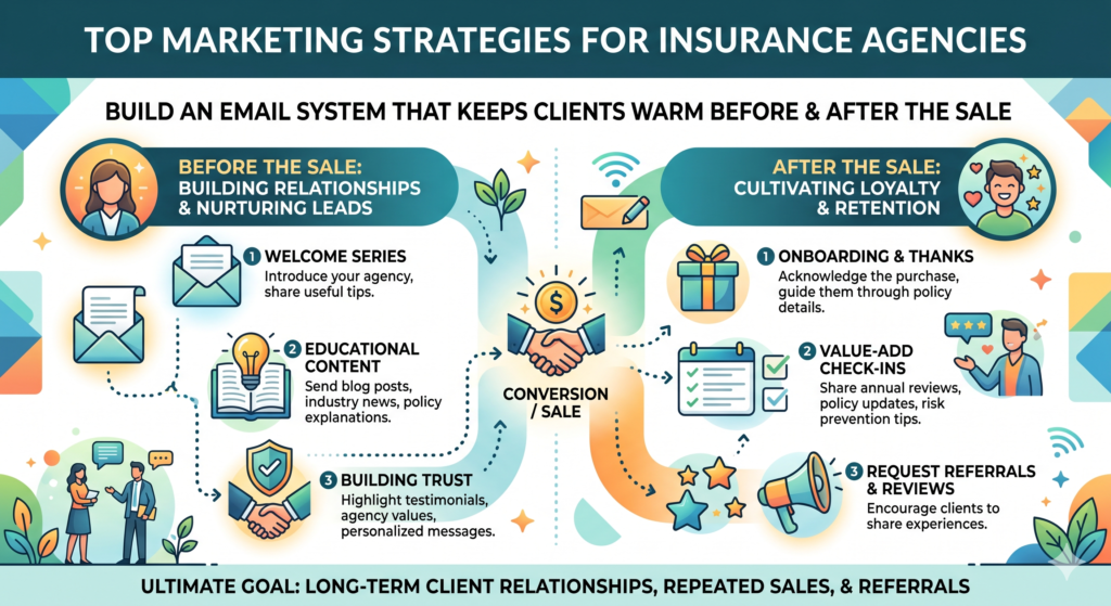 Email can become one of the most useful marketing tools your agency owns because it helps you stay in touch without waiting for the client to call you first. It also helps you educate people over time, which matters in insurance because many buyers are not ready to switch right away.
