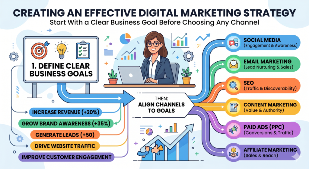 This sounds simple, but many businesses skip it. They start running ads, posting on LinkedIn, writing blogs, or sending emails without knowing what success should look like. As a result, their marketing becomes busy, but not useful. They get activity, but not direction.