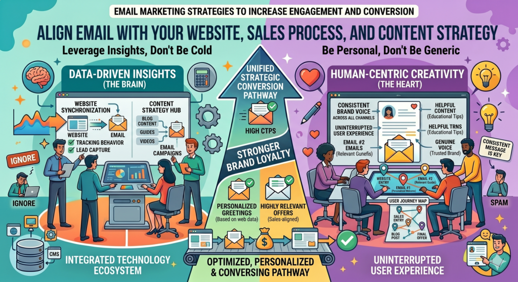 Email does not work alone. It is part of a larger growth system. If your emails are strong but your website is confusing, conversions will suffer. If your email promises one thing and the landing page says another, trust will drop. If sales calls do not match the message in your nurture emails, leads may feel unsure.