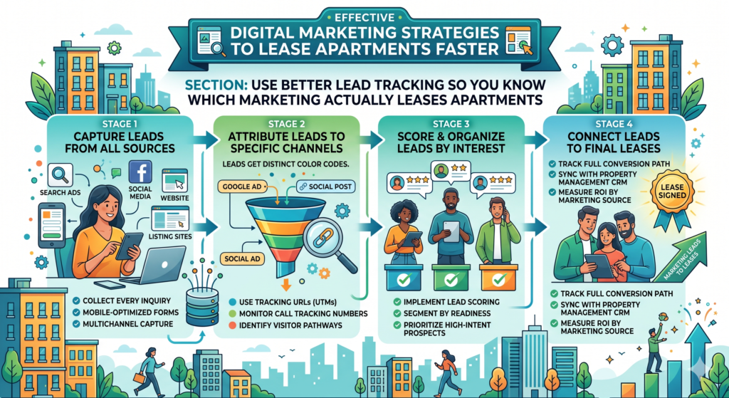 A lead from a broad social ad is not always the same as a lead from a Google search for “two-bedroom apartment available now.” A renter who clicks a photo on Instagram may be curious. A renter who checks floor plans, looks at pricing, and books a tour may be much closer to signing.