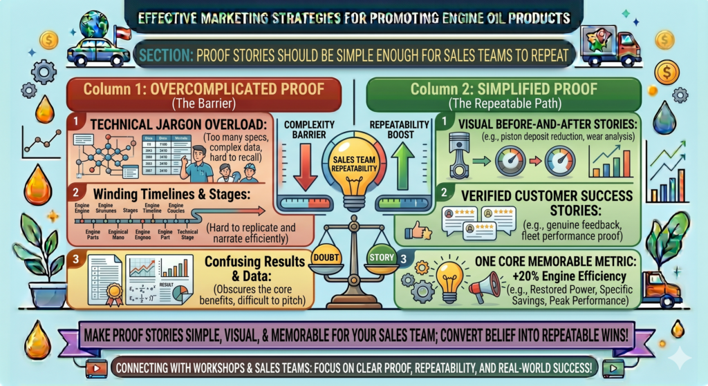 A strong proof story may be, “This oil is made for drivers who spend hours in traffic, where engines heat up even when the car moves slowly.” That is easy to remember. It is easy to explain. It is easy to connect to a customer’s life.