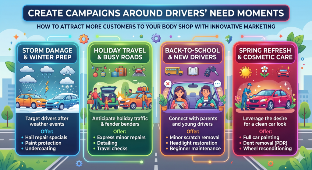 Body shop demand can rise and fall based on weather, road conditions, travel seasons, school schedules, and local events. Smart marketing pays attention to these moments. Instead of running the same message all year, you can create campaigns that match what drivers are dealing with right now.