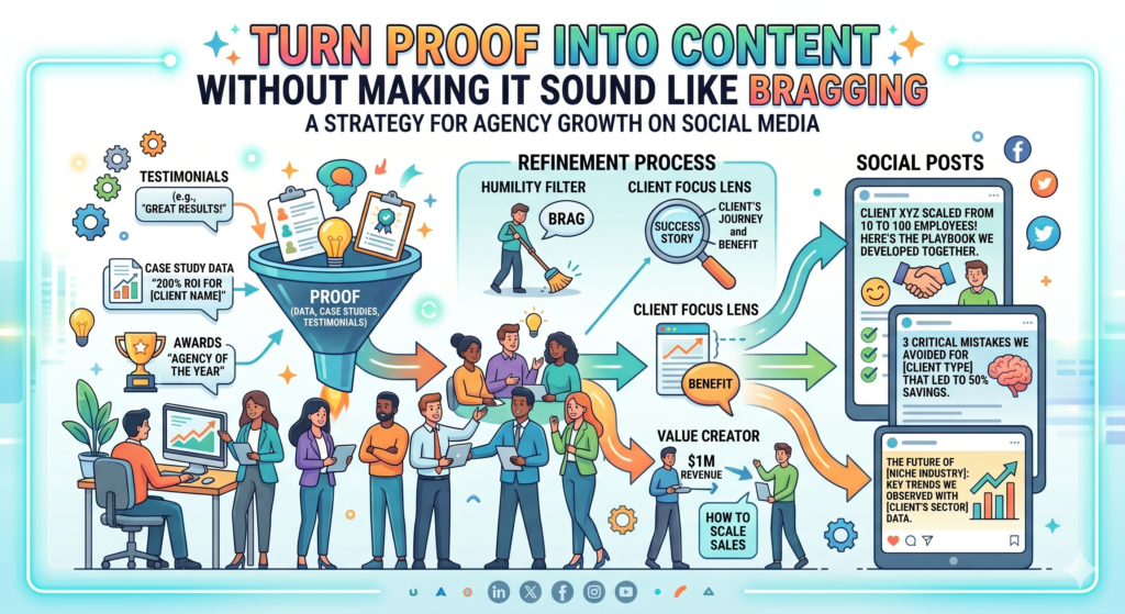 If your agency only posts big numbers, people may not believe them. If you only post client logos, people may not understand what you actually did. If you only post wins, your page may start to feel self-focused.
