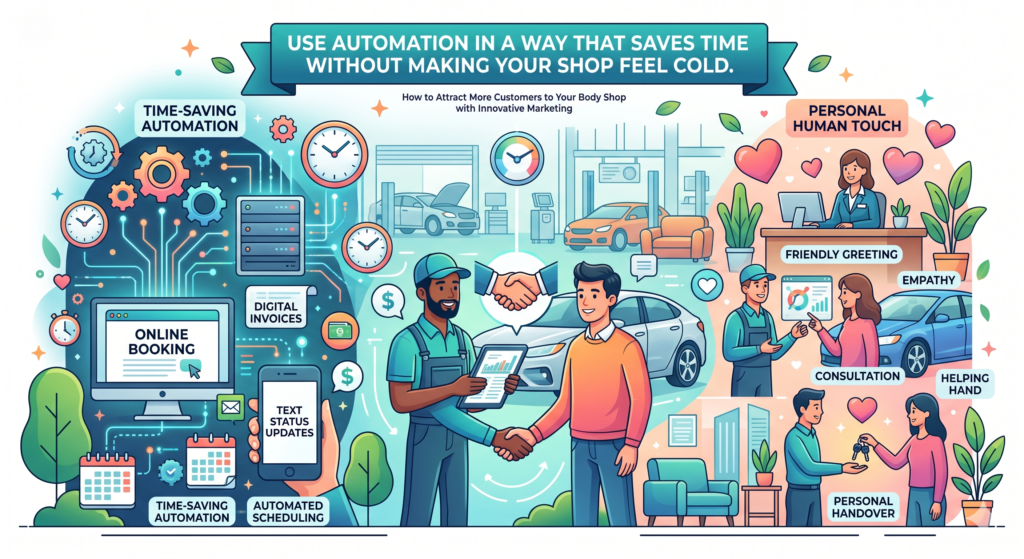 Innovation in marketing does not mean replacing human service. It means using better systems so your team can serve people faster and more clearly. Automation can help with follow-ups, review requests, missed calls, estimate reminders, appointment confirmations, and post-repair care.