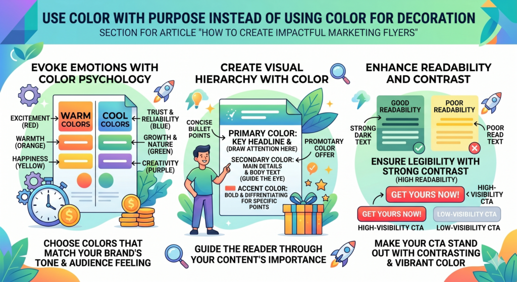 The wrong colors can make a flyer feel cheap, confusing, or hard to read. The right colors can make the offer feel more trustworthy, more exciting, more premium, more fresh, or more urgent.