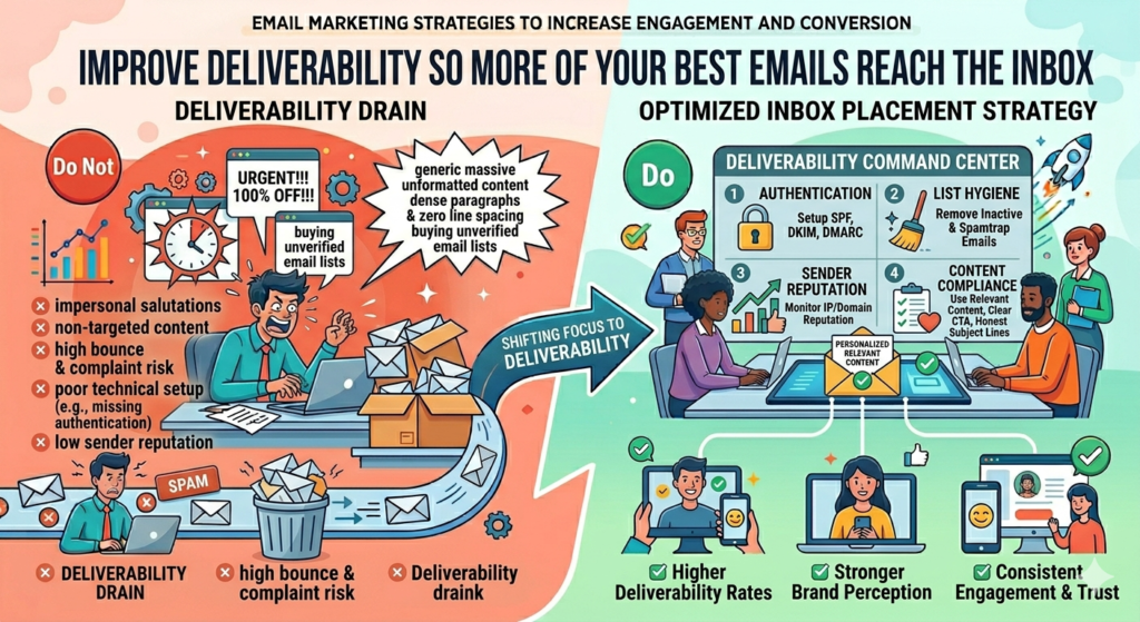 Deliverability means your emails are more likely to land where people can see them, not in spam, promotions, or hidden folders. It is shaped by many things, including list quality, sender reputation, email content, spam complaints, bounce rates, authentication, and how people engage with your emails over time.