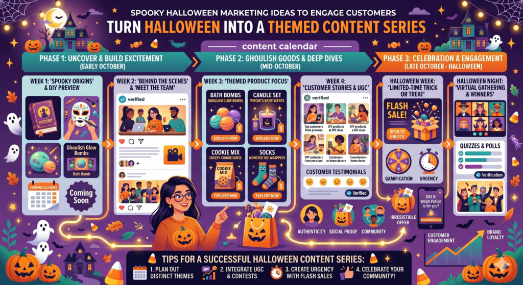 Many brands treat Halloween as a one-day promotion. They post once, send one email, and hope something happens. But customers rarely act from one touch. A themed content series gives you more chances to build attention before the final offer.