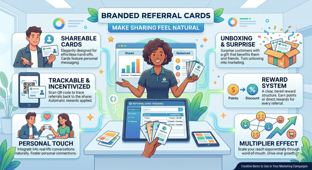 Referral cards are simple items that help happy customers share your business with others. They can be printed cards, digital cards, package inserts, small thank-you notes, or cards included in a client kit. The goal is to make referral behavior easier and more natural.