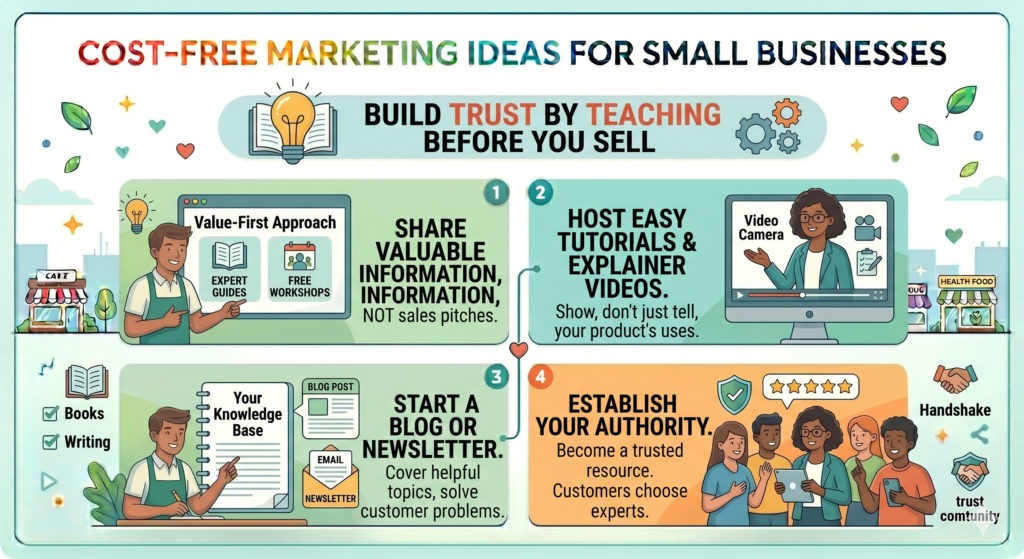 Teaching is one of the strongest free marketing methods because it gives people value before they pay you. When you teach well, people start seeing you as the safe choice.