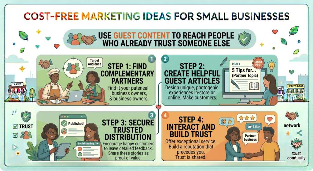 Guest content is one of the most useful free marketing ideas for small businesses because it helps you reach an audience you do not own yet. Instead of waiting for people to find your website or social page, you share useful ideas on someone else’s platform.