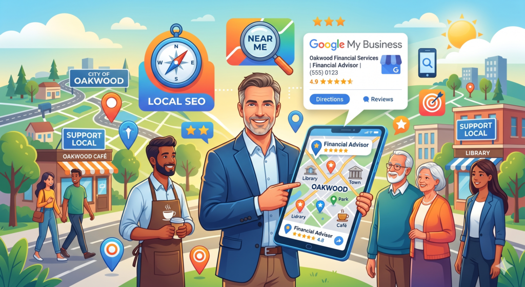 Even if you serve clients online, local trust still matters. Many people still search for financial advisors near them. They may type “financial advisor in Dallas,” “retirement planner near me,” or “wealth advisor for business owners in Chicago.”