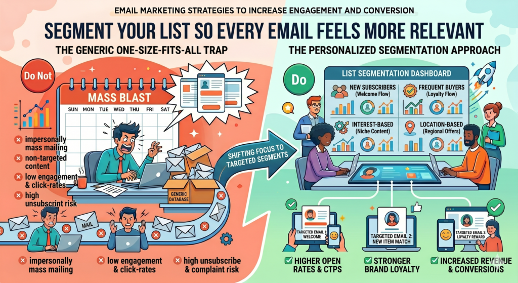 This is because relevance drives engagement. People open emails that feel connected to their needs. They click when the message speaks to a problem they care about. They buy when the offer matches their current situation.