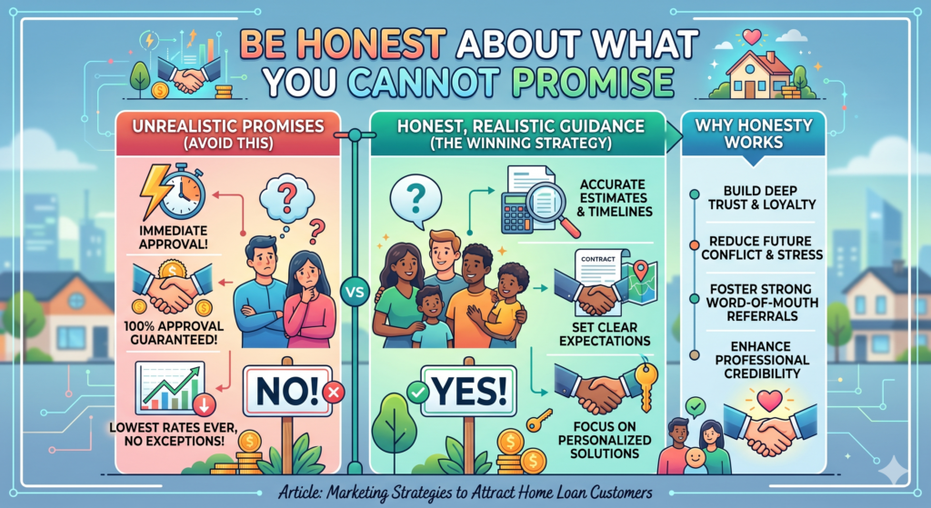 Home loan marketing should never overpromise. Do not promise guaranteed approval if approval depends on checks. Do not promise the lowest rate for everyone if rates vary by profile. Do not promise instant disbursal if property and document review take time.