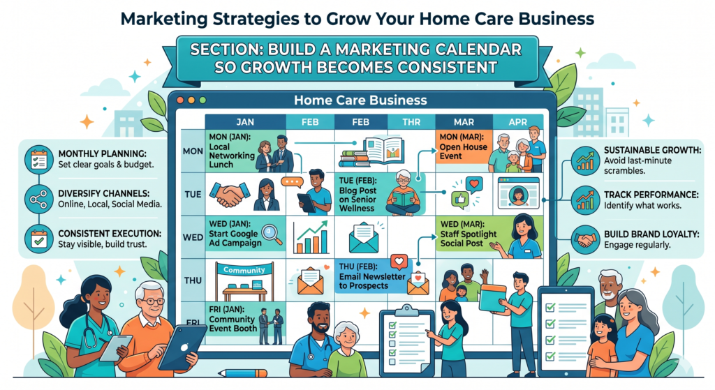 Many home care agencies market in bursts. They post for a few weeks, run ads when leads slow down, visit referral partners when census drops, and write content only when someone has time.