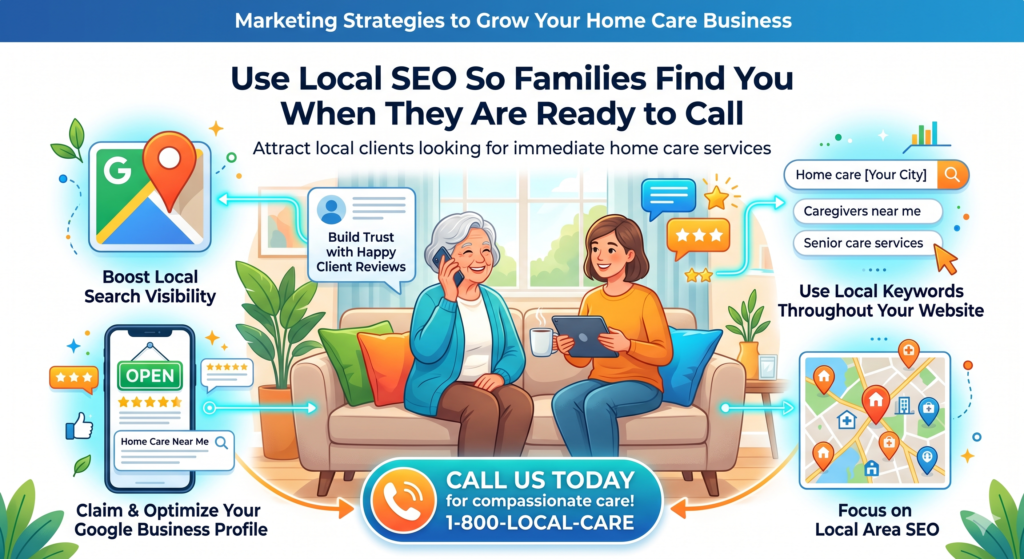 Home care is a local decision. Families are not just searching for general advice. Many are searching for help near them. They type phrases like “home care near me,” “senior care in Dallas,” “dementia care at home in Tampa,” or “caregiver agency near me.”
