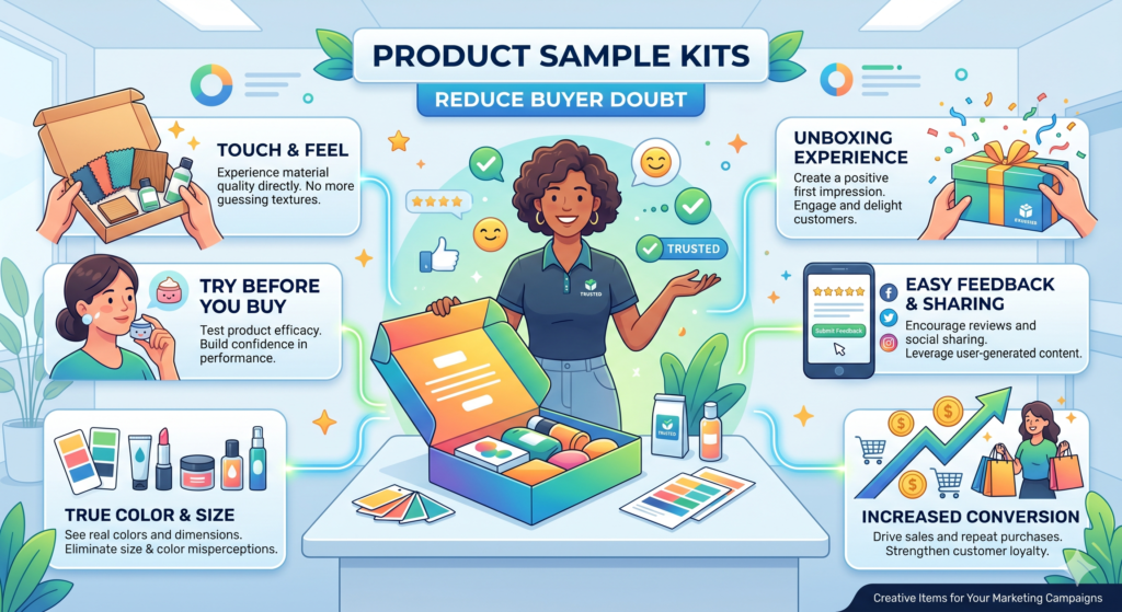 A product sample kit is not only for physical product brands. Service businesses, agencies, SaaS companies, and consultants can also use the idea of a sample kit. The goal is to let the buyer experience a small part of the value before making a bigger decision.