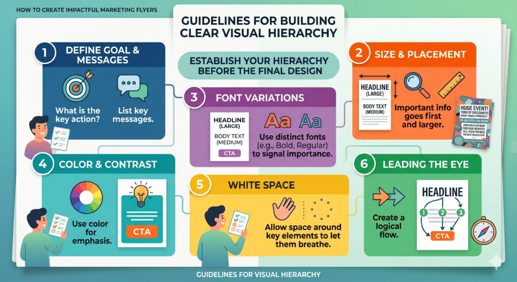 Visual hierarchy means the order in which people notice things. On a strong flyer, the reader does not see all parts equally. They see the most important part first, then the next most important part, and then the details.