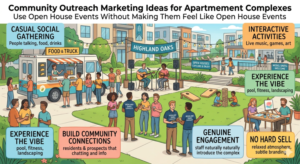 Traditional open houses can feel stiff. Prospects know they are walking into a sales setting. That can make them guarded. A better approach is to create open-house-style events that feel like community gatherings.