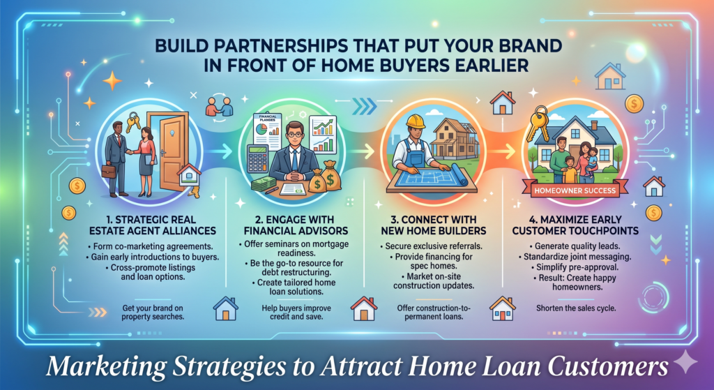Home loan customers often speak to several people before they speak to a lender. They speak to real estate agents, builders, property portals, financial advisors, lawyers, accountants, employers, friends, and family. These people shape the buyer’s thinking early.