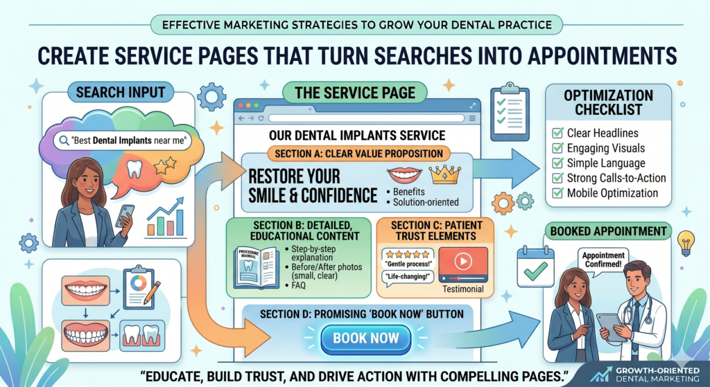 Service pages are some of the most important pages on a dental website. They help patients who already have a need. Someone searching for dental implants, emergency dentistry, Invisalign, teeth whitening, veneers, root canals, or children’s dental care is not just browsing. They are often comparing options and deciding where to book.