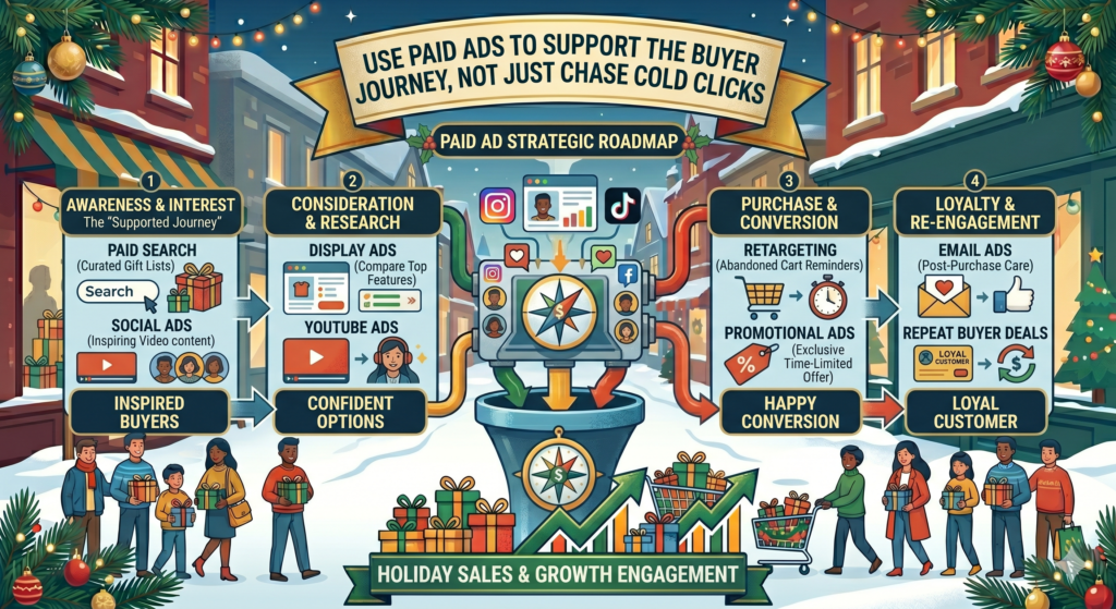 Paid ads can become expensive during the holidays because many brands are competing at the same time. If you rely only on cold traffic, you may burn through your budget fast. A better approach is to use ads to support the full buyer journey.