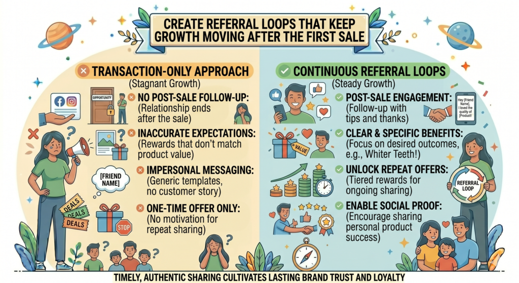 A referral loop happens when new customers become happy customers, then those happy customers refer more people. Over time, this creates a cycle where each new customer has the chance to bring in more customers. This is how referral programs can become a long-term growth engine instead of a one-time campaign.