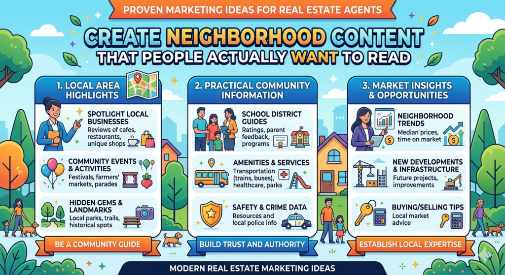 Neighborhood content is one of the best marketing tools for real estate agents because it helps both buyers and sellers. Buyers use it to understand where they might want to live. Sellers use it to see whether you know the local market well enough to represent them.